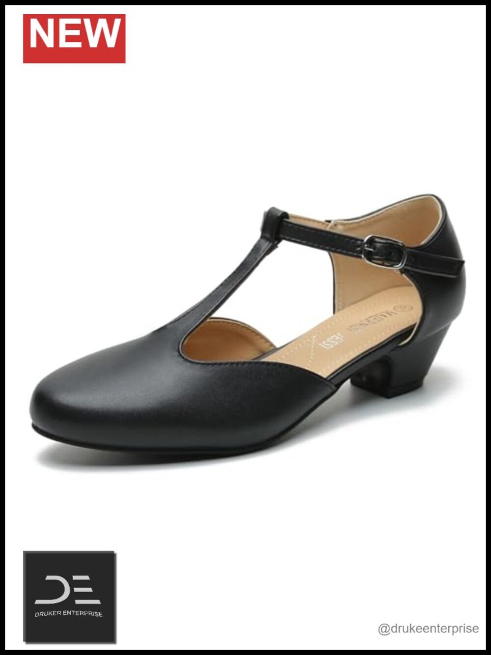 T-Strap Mary Jane Pumps with Low Block Heel, Closed Toe, Buckle Ankle Strap